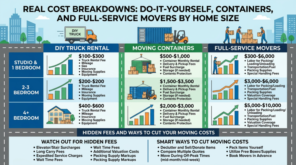 Infographic comparing moving costs by home size, service type, hidden fees, and cost-saving tips