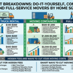 Infographic comparing moving costs by home size, service type, hidden fees, and cost-saving tips
